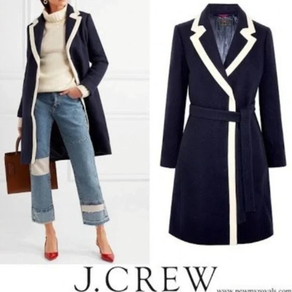 EUC J. Crew Navy & White Trim Belted Coat- Size 4
